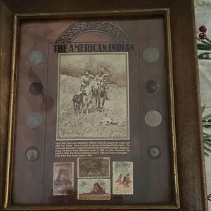 Vintage American Indian Framed Art with Coins and Stamps